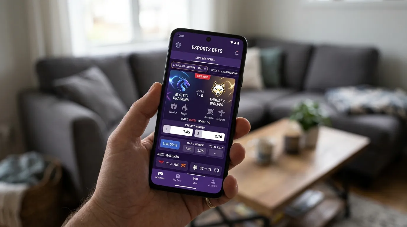 Mano sosteniendo smartphone con app de apuestas esports mostrando cuotas de League of Legends