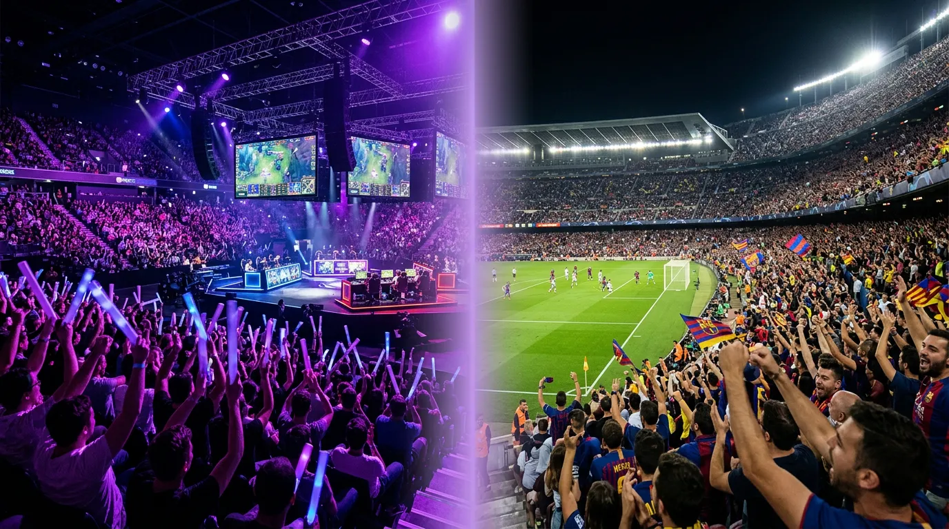 Pantalla dividida mostrando una arena de esports y un estadio de fútbol