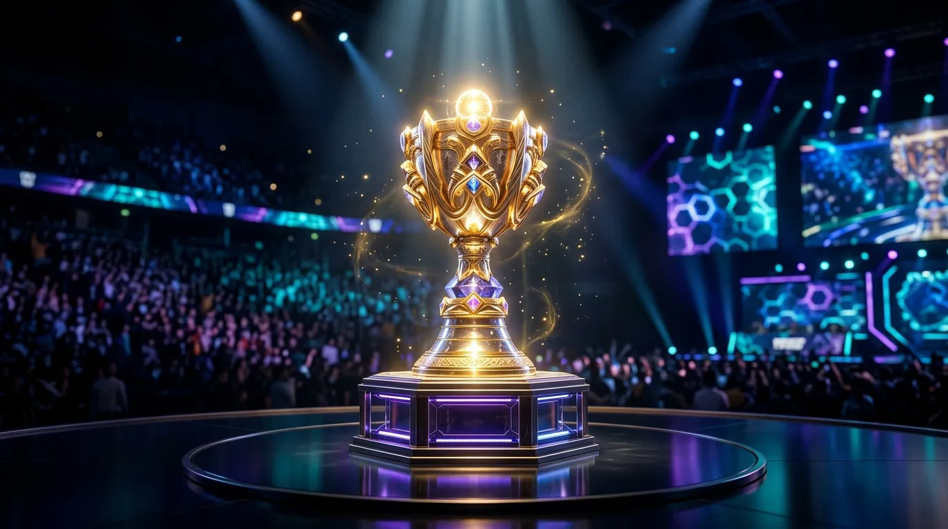 Copa del Invocador, trofeo dorado del World Championship de League of Legends sobre pedestal iluminado