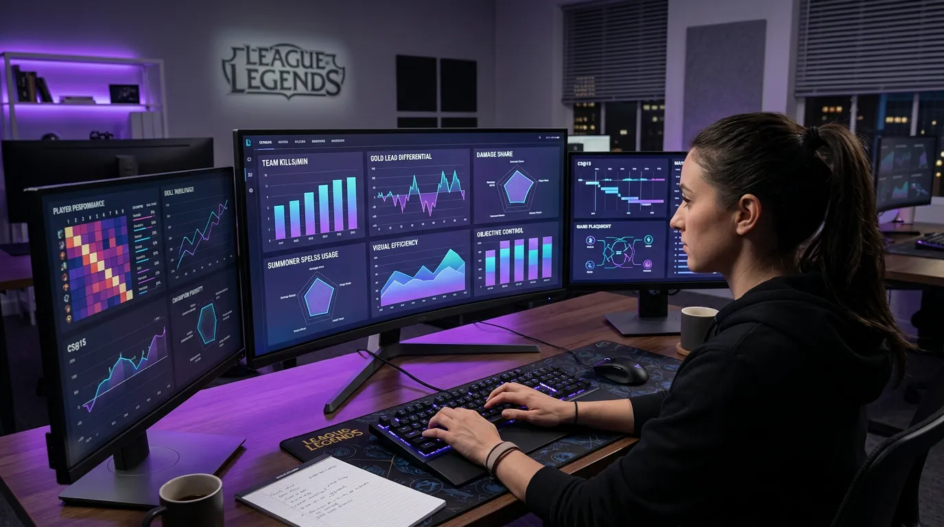 Pantalla de ordenador mostrando estadísticas de League of Legends con gráficos de rendimiento