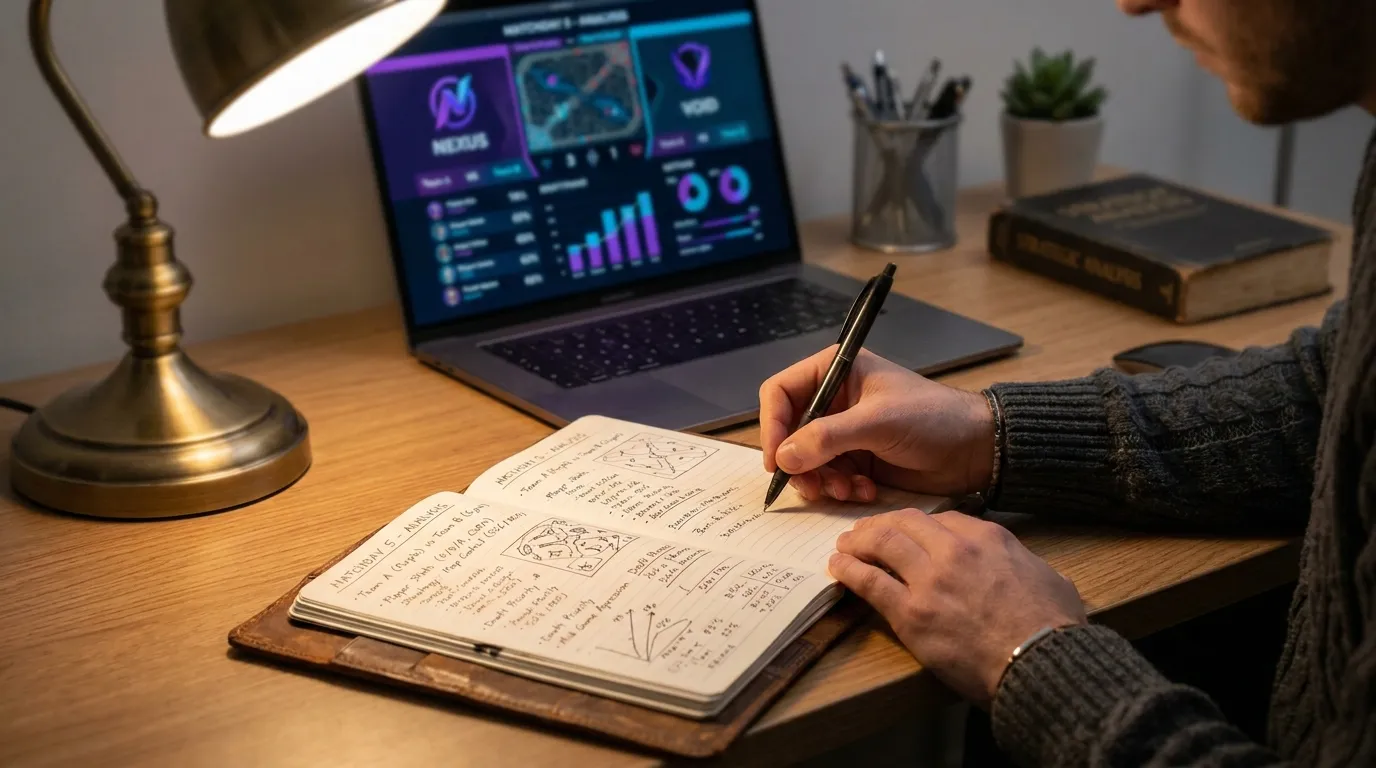 Persona tomando notas en un cuaderno mientras analiza estadísticas de partidos de esports en el portátil