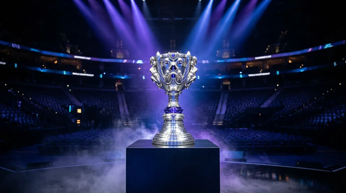 Escenario del Campeonato Mundial de League of Legends con trofeo Summoner's Cup iluminado