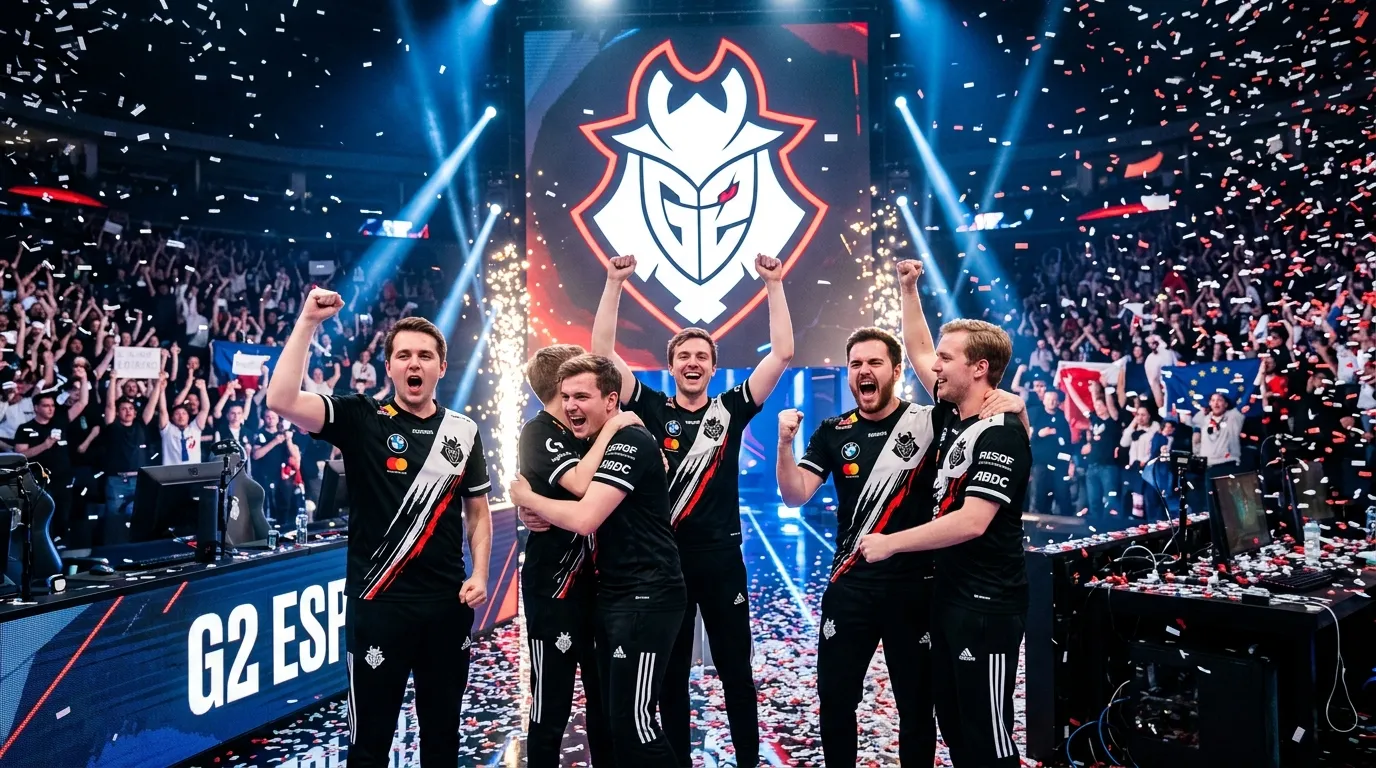 Jugadores de G2 Esports celebrando una victoria en competición de League of Legends