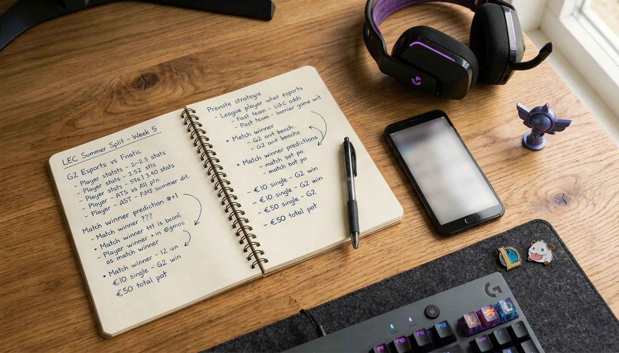 Libro abierto con términos de apuestas esports y símbolos de League of Legends