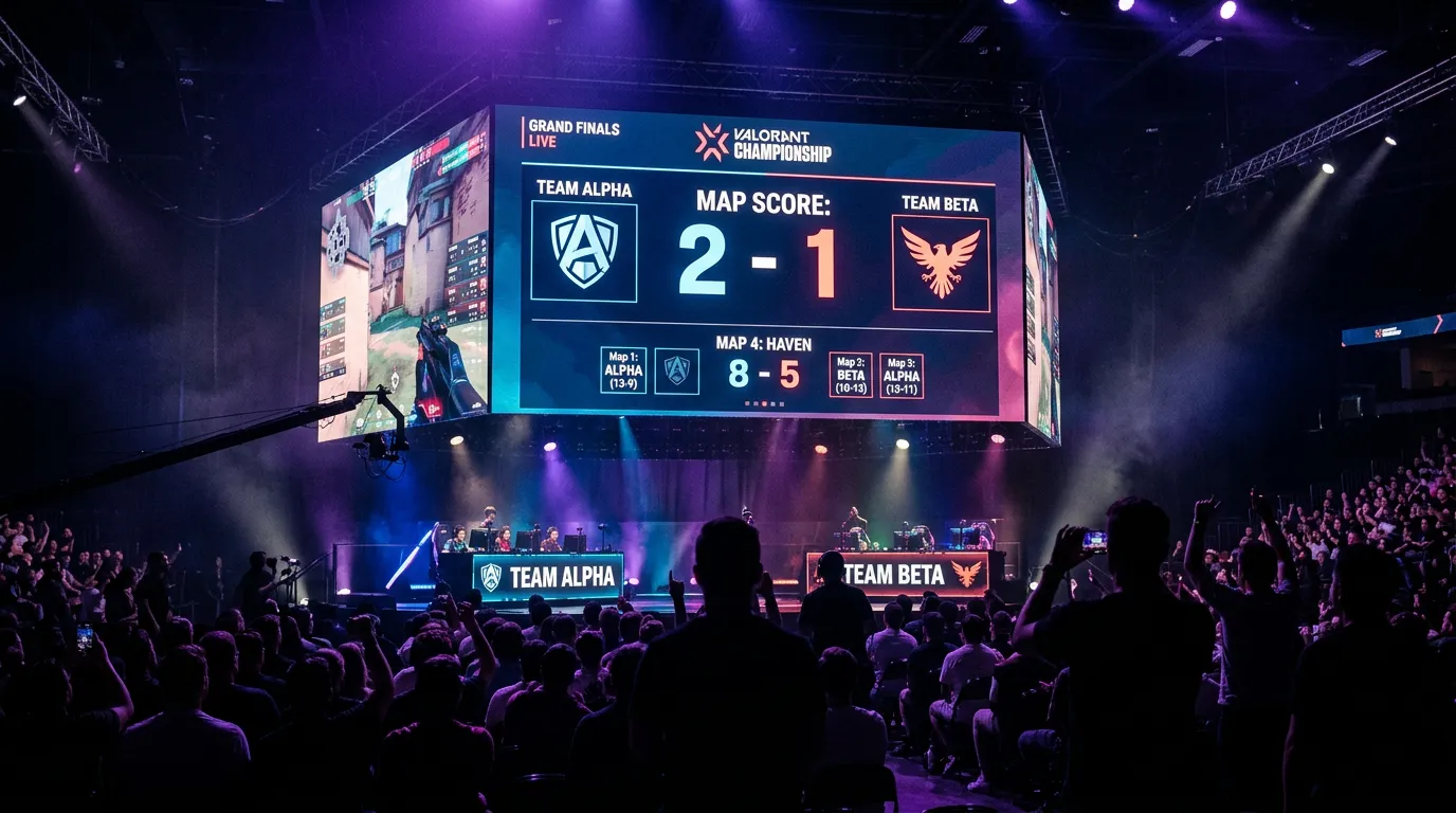 Jugadores profesionales de LoL compitiendo en serie de mapas con marcador visible