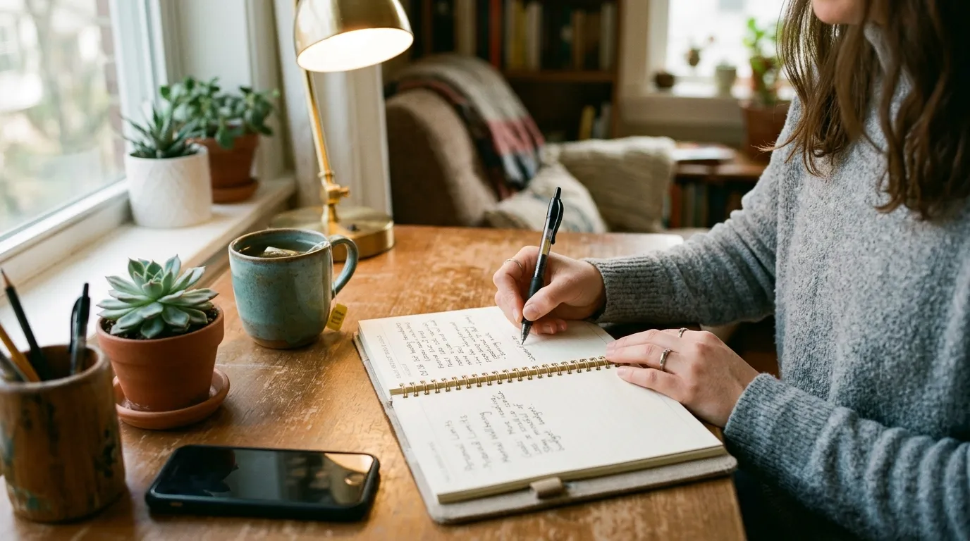 Manos escribiendo en un planificador personal con notas sobre límites de gastos y autocontrol