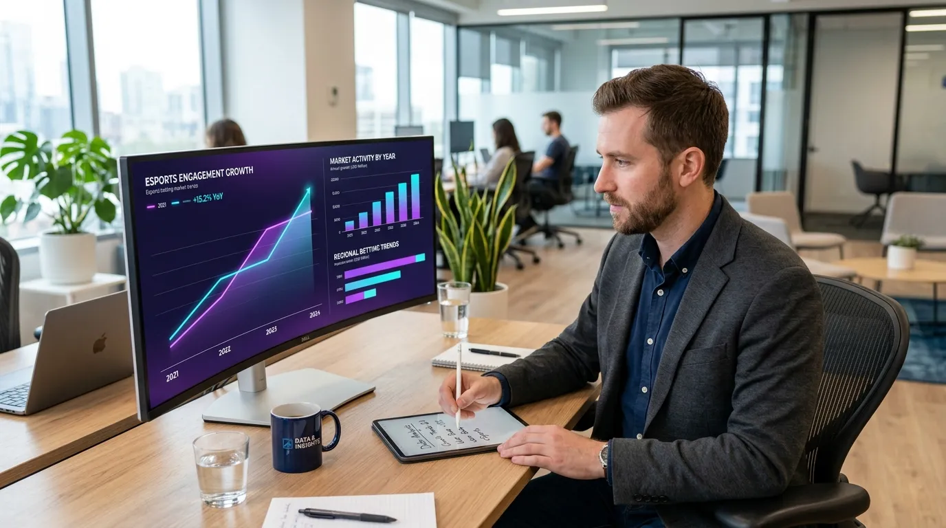 Profesionales analizando datos de mercado de apuestas en esports en una pantalla de ordenador