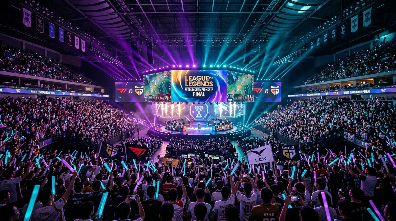 Estadio de esports iluminado durante la final del Mundial de League of Legends con multitud de aficionados