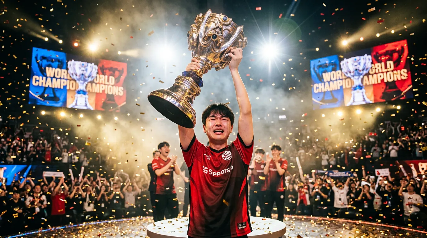 Faker de T1 levantando el trofeo Summoner's Cup del Campeonato Mundial